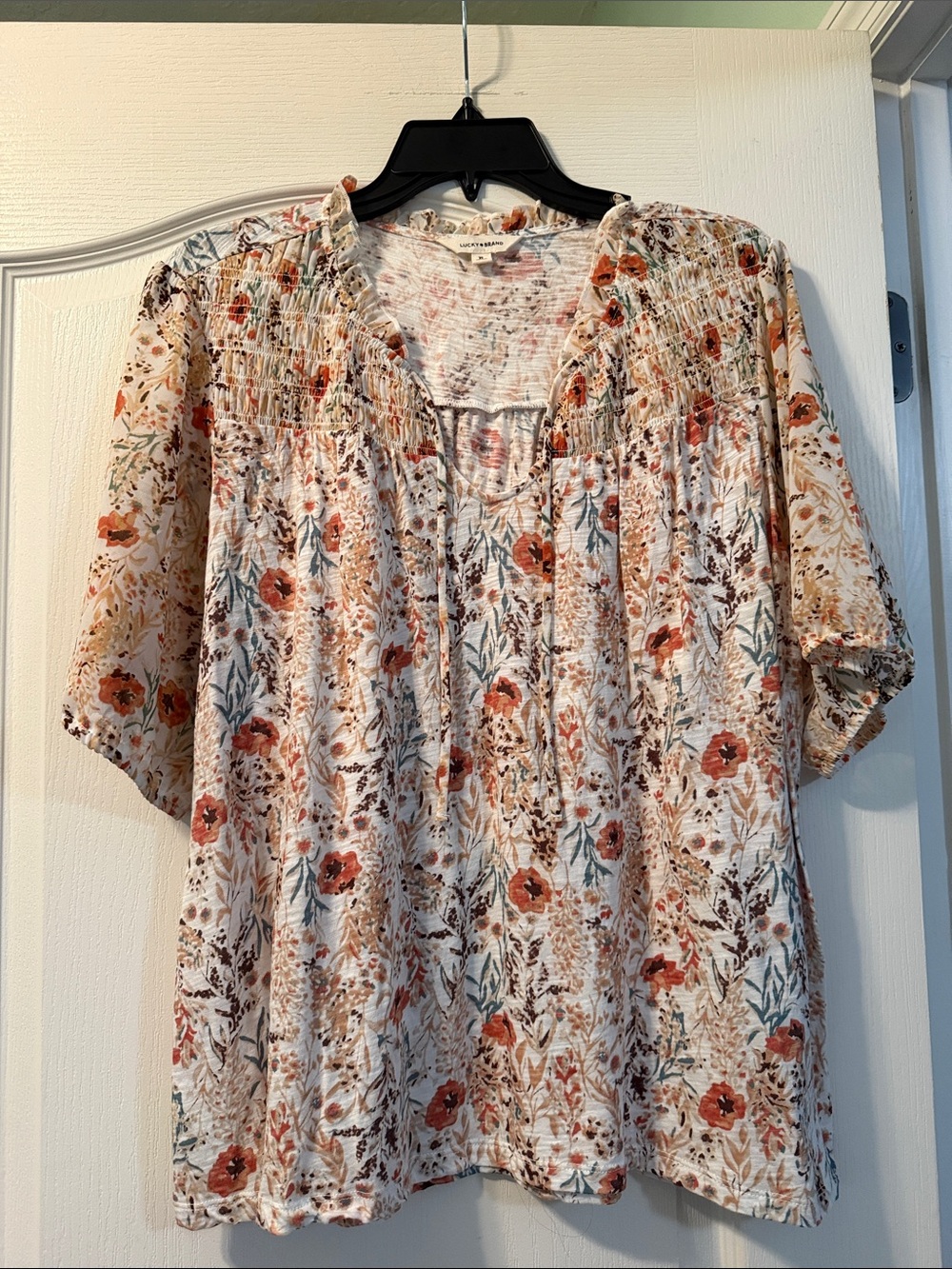 Lucky Brand Cream Floral Peasant Blouse with Rust and Sage